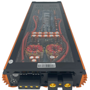 A close up of the back side of an orange and black power supply.