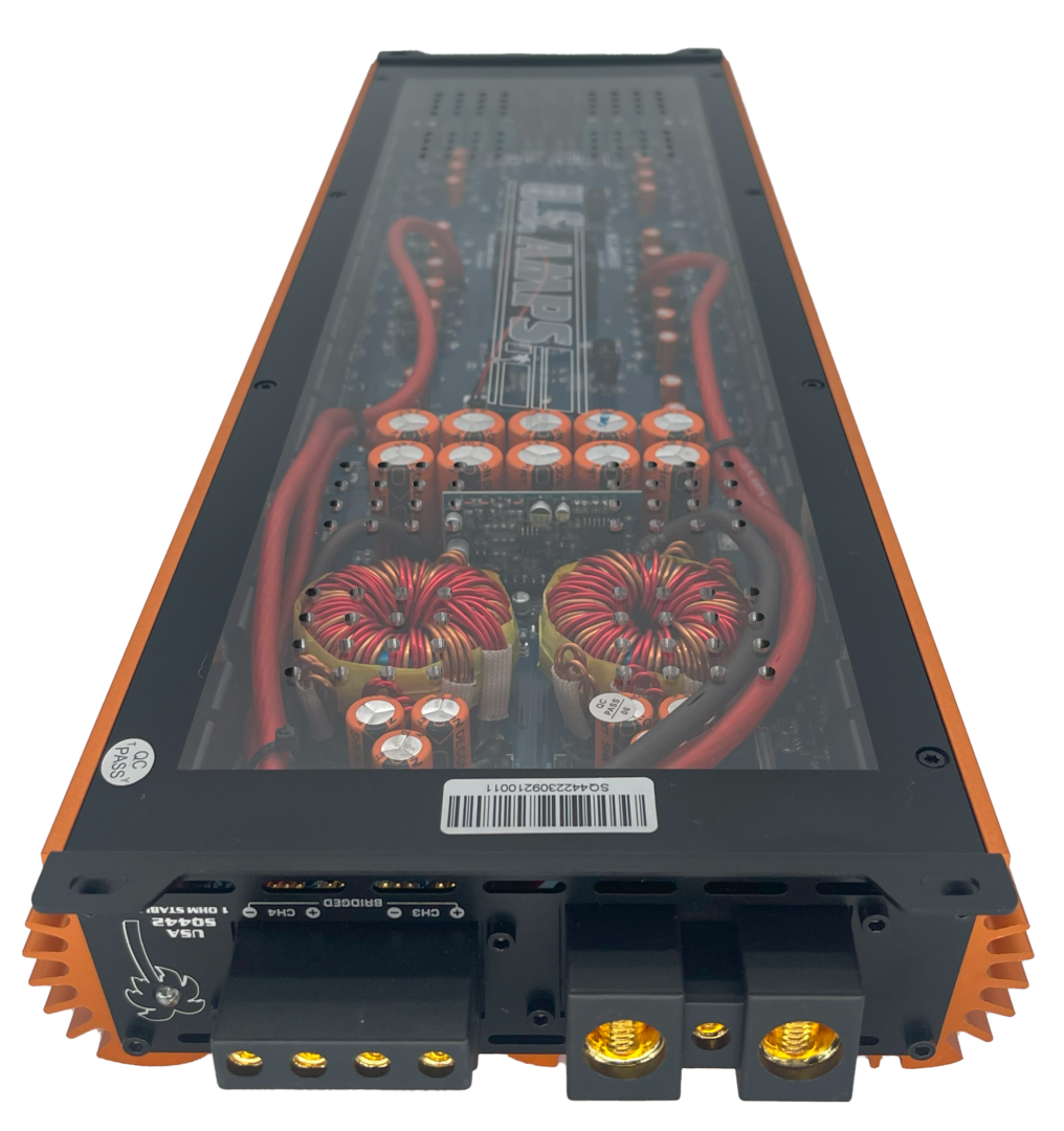 A close up of the back side of an orange and black power supply.