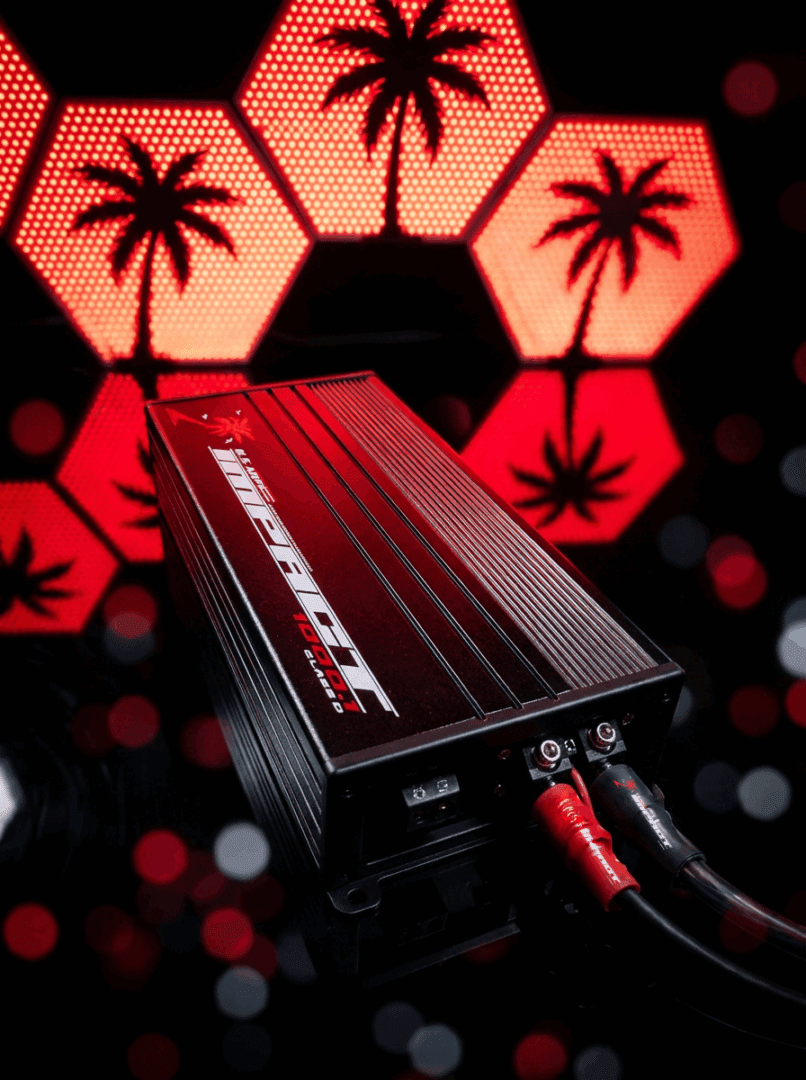 US Amps Impact 1000.1 mini Class D monoblock car amplifier for subwoofers, compact black chassis with control panel